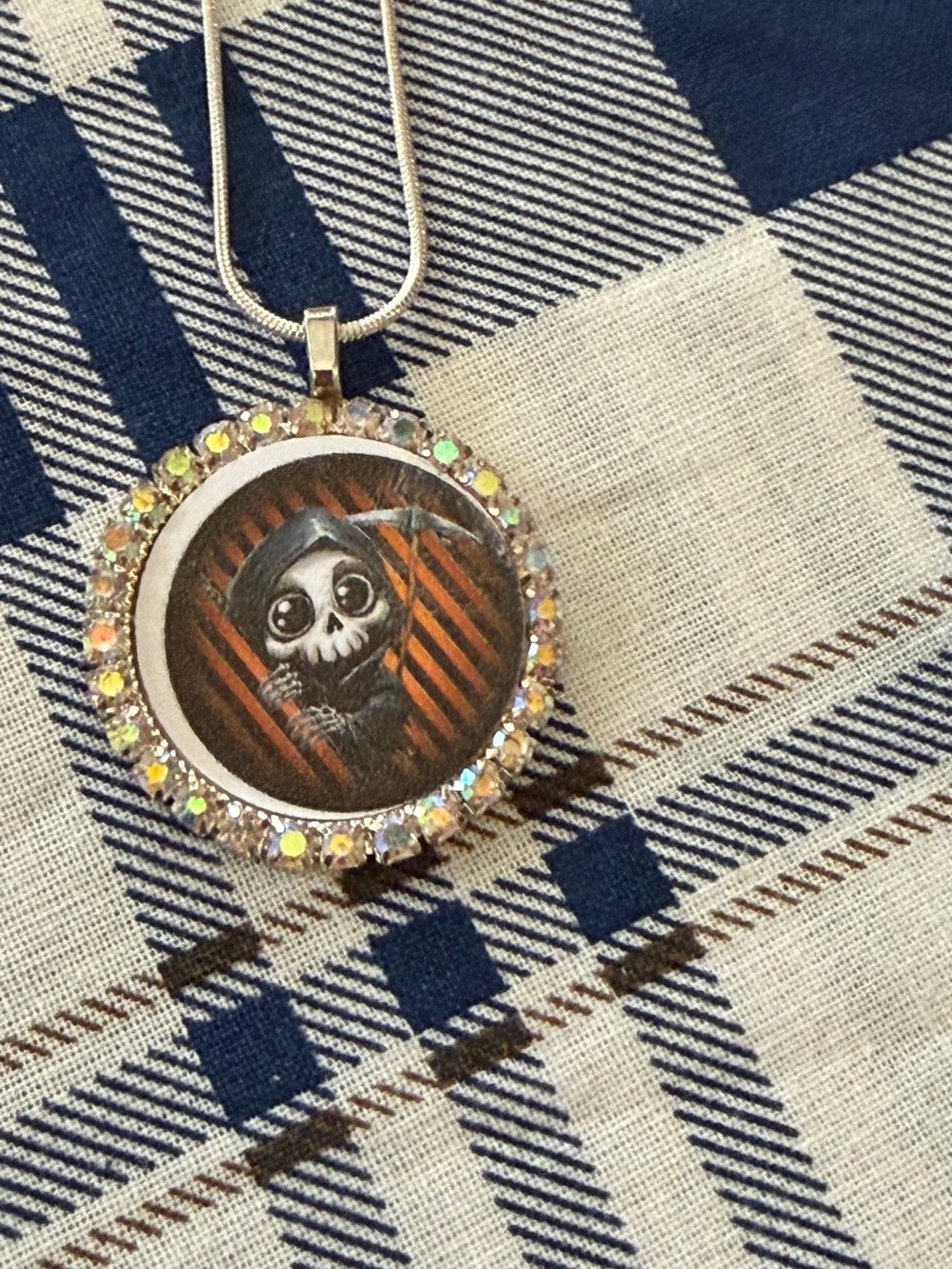 Skeleton Hood Pendant Necklace with Sparkling Rhinestone Frame - Black & Orange